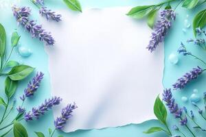 Lavender Flowers and Green Leaves with White Paper on Blue Background photo