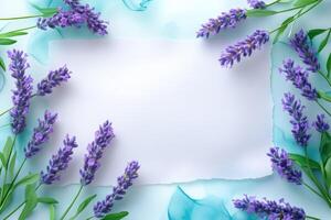 Lavender Flowers Arranged Around White Paper on Teal Background photo