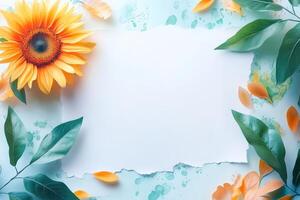 Sunflowers, Green Leaves, and Orange Petals on a Blue Background photo