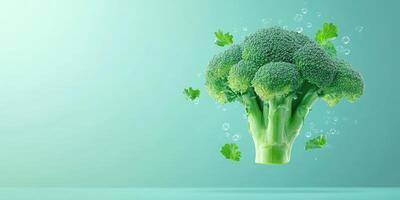 Fresh Green Broccoli Floating in Water with Bubbles photo