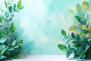 Green Leaves Framing a White Surface Against a Light Blue Background photo