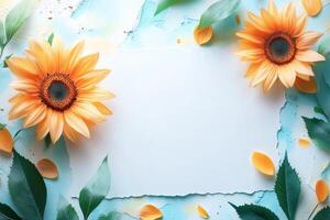 Two Sunflowers with Green Leaves and Petals on a Blue Background photo