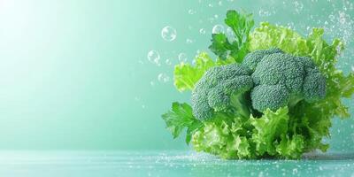 Fresh Green Broccoli and Lettuce with Water Droplets photo