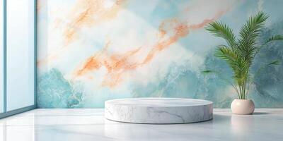 Marble Platform and Potted Palm Tree Against a Blue and Peach Swirl Wall photo