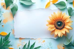 Torn Paper with Sunflower and Green Leaves photo