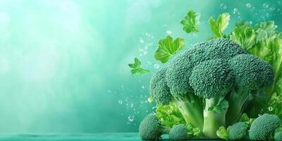 Fresh Broccoli Floats in Water with Bubbles photo