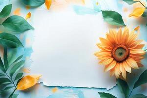 A Single Sunflower with Green Leaves and Yellow Petals on a Light Blue and Peach Background photo