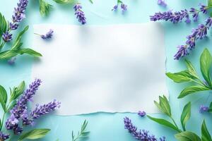 Torn Paper with Lavender Flowers and Green Leaves on a Light Blue Background photo