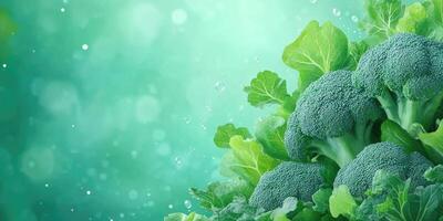 Fresh Green Broccoli Florets and Leaves with Water Drops photo