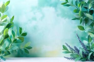 Green Leaves and Lavender Flowers Framing a Blank Space photo