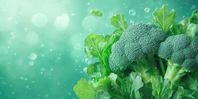Fresh Broccoli and Leafy Greens with Water Droplets photo