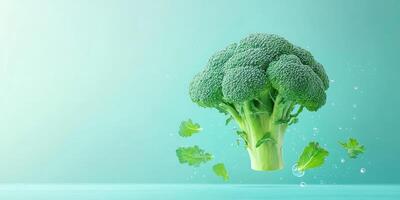 A Fresh Broccoli Floats in Water with Splashing Leaves photo