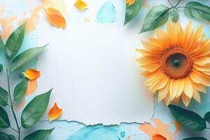 A Sunflower with Green Leaves and Petals Surrounding a Blank White Card photo