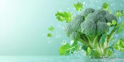 Fresh Broccoli Floats in Water with Bubbles photo