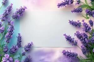 Lavender Flowers Bordering a White Card on a Soft Purple and Blue Background photo