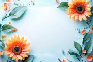 Sunflowers and Leaves on Blue Background photo