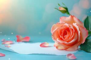 A Single Pink Rose with Petals on a Blue Background photo