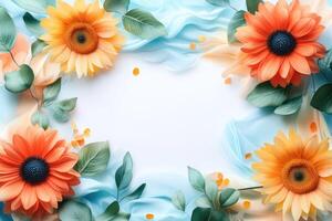 Bright Sunflowers and Green Leaves Surrounding a White Space photo