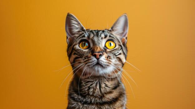 Close-up of a tabby cat with bright yellow eyes against an orange background photo