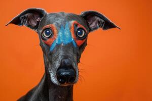 A Close-up Portrait of a Black Dog with Blue and Orange Face Paint photo