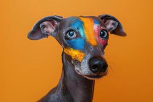 A Close-Up Portrait of a Grey Dog with Colorful Paint on its Face photo