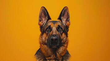 A German Shepherd's Face with Perked Ears Against a Yellow Background photo