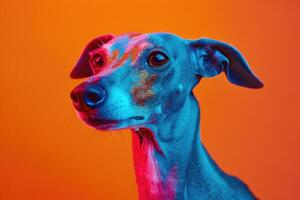 Close-up of a Dog's Face with Neon Blue and Pink Lighting photo