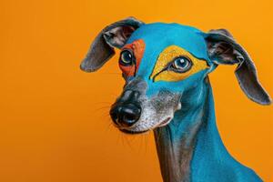 Blue-Painted Dog with Orange and Gold Design photo