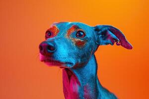 Close-up of a Blue and Pink Dog with Glitter on its Face photo