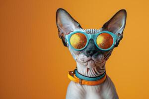 A Hairless Cat Wearing Sunglasses and a Collar photo