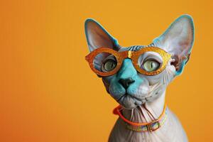 A Sphynx Cat Wearing Glasses and a Collar Against an Orange Background photo