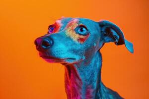 Close-up of a dog's face with colorful lighting and glitter photo