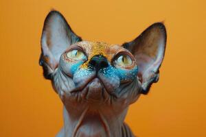 A Close-Up of a Hairless Cat with Gold and Blue Glitter on its Face photo