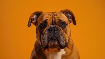 Close-up Portrait of a Brown and White Bulldog with a Serious Expression photo