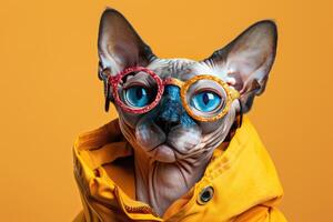Sphynx Cat Wearing Yellow Raincoat and Glasses photo