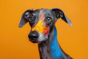 Close-up Portrait of a Black and Grey Dog with Colorful Paint on its Face photo