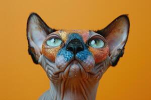 Close-up of a Sphynx Cat with Glitter Makeup photo