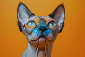 A Sphynx Cat with Colorful Glitter Around Its Eyes photo