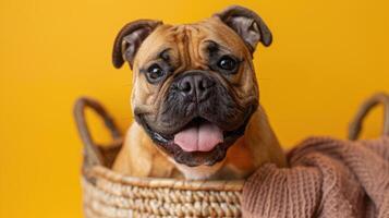 A Brown Bulldog Puppy Sitting In A Basket With A Brown Blanket photo