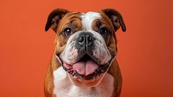 Close-up Portrait of a Smiling Bulldog with Pink Tongue photo