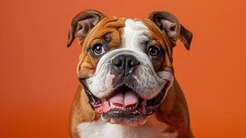 Close-up portrait of a smiling English Bulldog with brown and white fur against a burnt orange background. photo