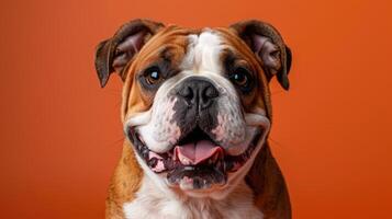 Close-up Portrait of a Smiling Bulldog with Tongue Out photo