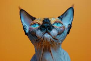 Close-up Portrait of a Sphynx Cat with Glitter Eye Makeup photo