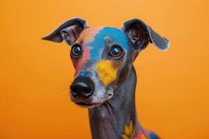 Close-up Portrait of a Grey Dog with Multicolored Glitter on its Face Against an Orange Background photo
