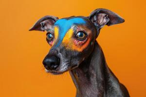A Close-Up Portrait of a Dog with Colorful Face Paint photo