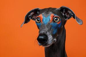 Close-up of a Black Greyhound with Blue and Orange Glitter Makeup photo