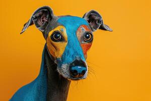A Portrait of a Dog with Blue, Yellow and Red Paint on its Face photo