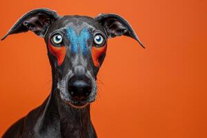 Grey Dog with Blue and Orange Face Paint on Orange Background photo