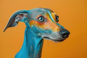 Blue and Orange Glitter Painted Dog Looking to the Side photo
