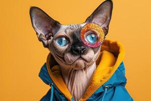 A Sphynx Cat Wearing a Blue Hoodie with a Glittery Eye Patch photo
